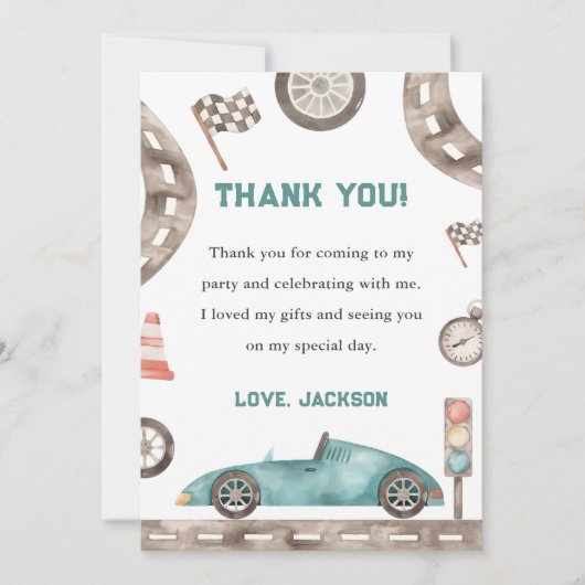 レーシングカーボーイの誕生日パーティーお礼カード 招待状 (正面)