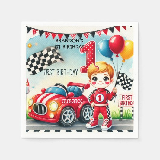 レーシングカーボーイ1st誕生日パーティー スタンダードカクテルナプキン (正面)