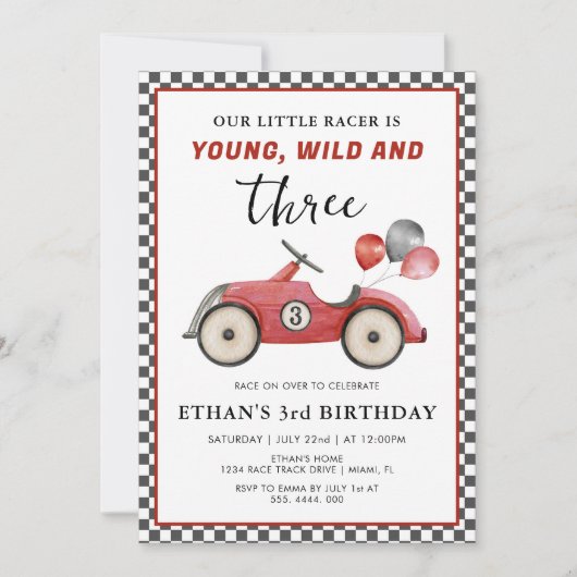 レーシングカーヤングワイルド&スリーボーイズ誕生日 招待状 (正面)