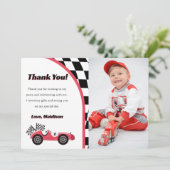 レーシングカーレッドの誕生日パーティー写真サンクスカード 招待状 (スタンド正面)