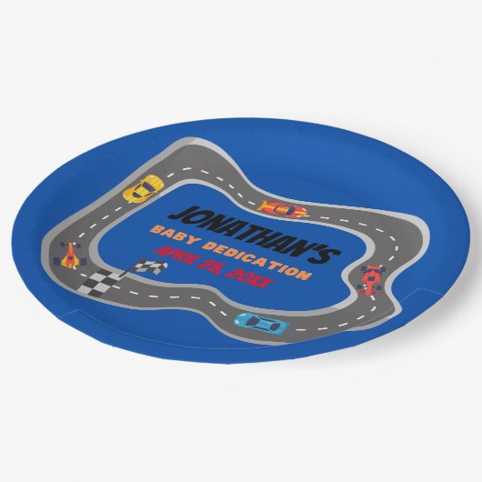 レーシングカーレーストラック男の赤ちゃん献身 ペーパープレート (アングル)
