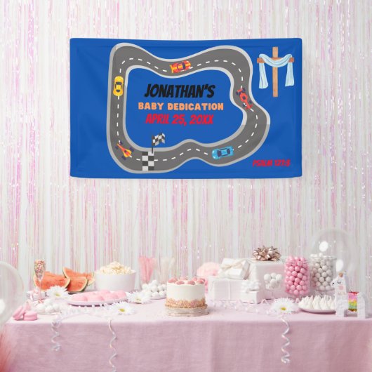レーシングカーレーストラック男の赤ちゃん献身 横断幕 (パーティー)