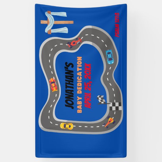 レーシングカーレーストラック男の赤ちゃん献身 横断幕 (縦)