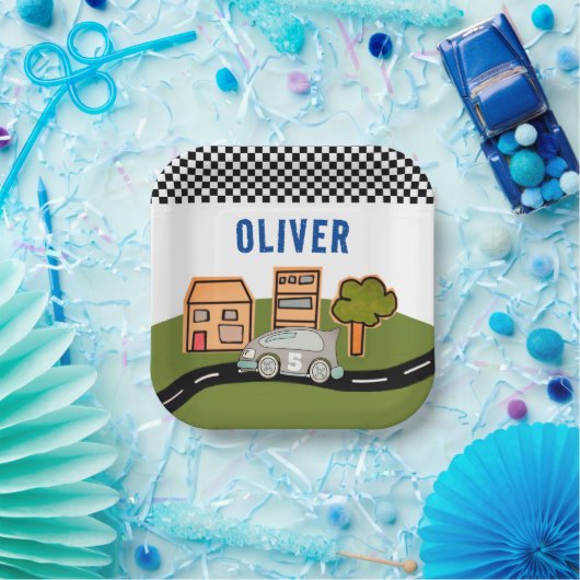 レーシングカーロードハウス名前をカスタムする誕生日 ペーパープレート (パーティー)