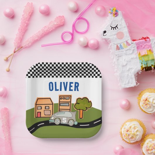 レーシングカーロードハウス名前をカスタムする誕生日 ペーパープレート (パーティー)