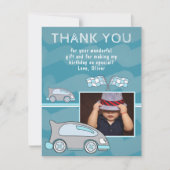 レーシングカー仕上げフラグブルーボーイフォト誕生日 サンキューカード (正面)