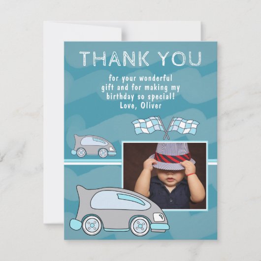 レーシングカー仕上げフラグブルーボーイフォト誕生日 サンキューカード (正面)