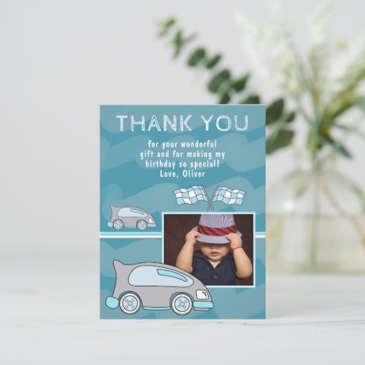 レーシングカー仕上げフラグブルーボーイフォト誕生日 サンキューカード (スタンド正面)