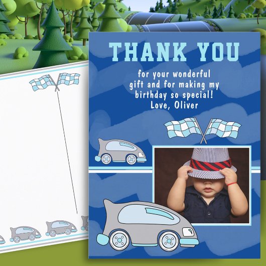 レーシングカー国旗の写真誕生日ありがとう ポストカード