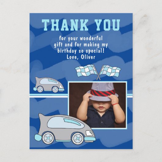 レーシングカー国旗の写真誕生日ありがとう ポストカード (正面)