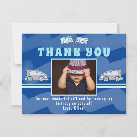 レーシングカー国旗の青い写真誕生日 サンキューカード (正面)