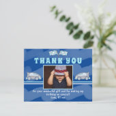 レーシングカー国旗の青い写真誕生日 サンキューカード (スタンド正面)