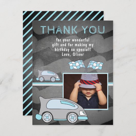 レーシングカー国旗Chalkboardフォト誕生日 サンキューカード (正面/裏面)