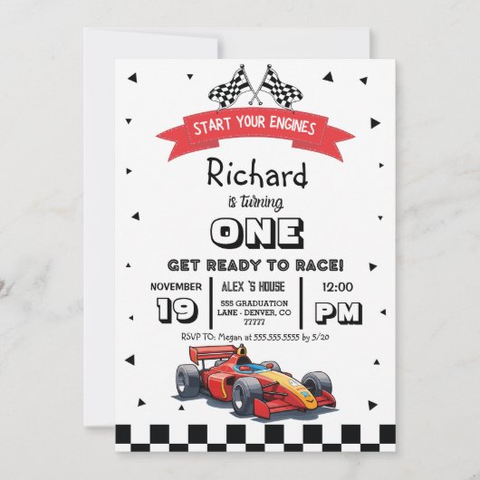 レーシングカー子供の誕生日 招待状 (正面)