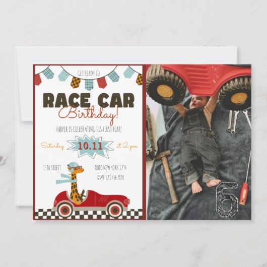 レーシングカー高速誕生日招待状と写真 招待状 (正面)