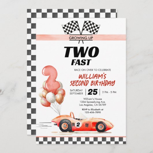 レーシングカー2速2番目の誕生日招待状 招待状 (正面/裏面)