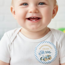 レーシングカー 青いチェック柄の旗 男の子の1歳の誕生日 