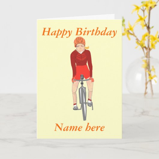 レーシングサイクリスト、女性追加の名前と文字 カード (黄色い花)