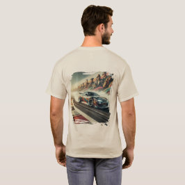 レーシングトラックの車とファンの壁画グラフィック Tシャツ