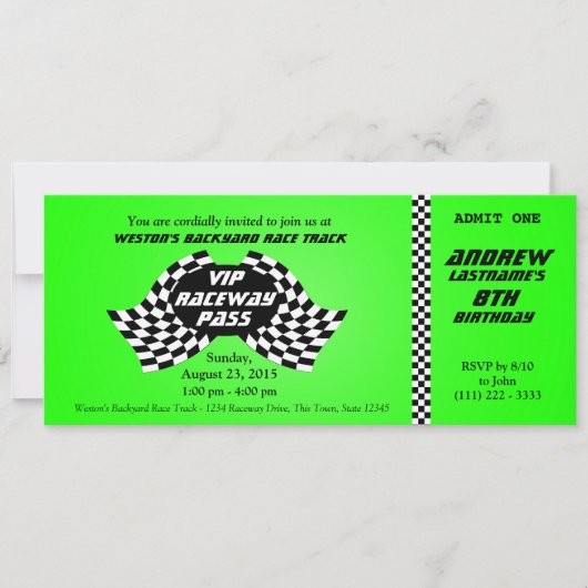 レーシングトラック バースデー チケット ブライトグリーン 招待状 (正面)