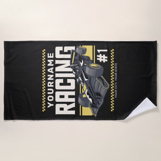 レーシングパーソナライズされたチームのファーストレースカードライバー  ビーチタオル (正面)