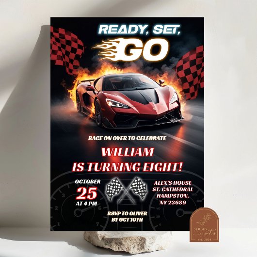 レーシングレッドスポーツカーバースデーボーイ 招待状