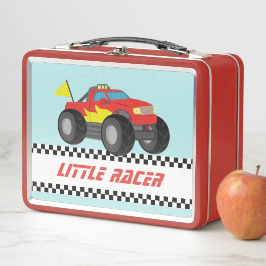 レーシングレッドモンスタートラックボーイズパーソナライズされた メタルランチボックス (インサイチュ)