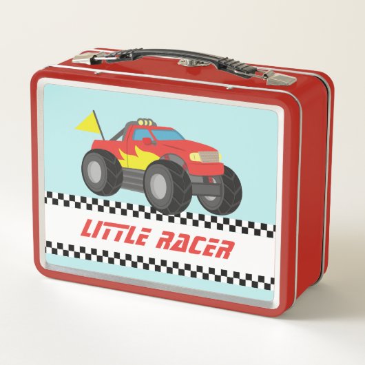 レーシングレッドモンスタートラックボーイズパーソナライズされた メタルランチボックス (裏面)