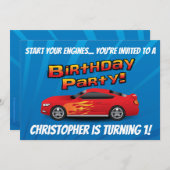 レーシングレッドレースカーフレイムス少年の誕生日パーティー 招待状 (正面/裏面)