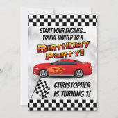 レーシングレッドレースカー市松模様にボインの誕生日パーティー 招待状 (正面)