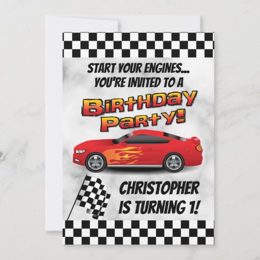 レーシングレッドレースカー市松模様にボインの誕生日パーティー 招待状 (正面)