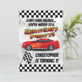 レーシングレッドレースカー市松模様にボインの誕生日パーティー 招待状 (スタンド正面)