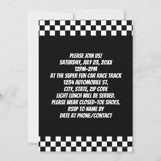 レーシングレッドレースカー市松模様にボインの誕生日パーティー 招待状 (裏面)
