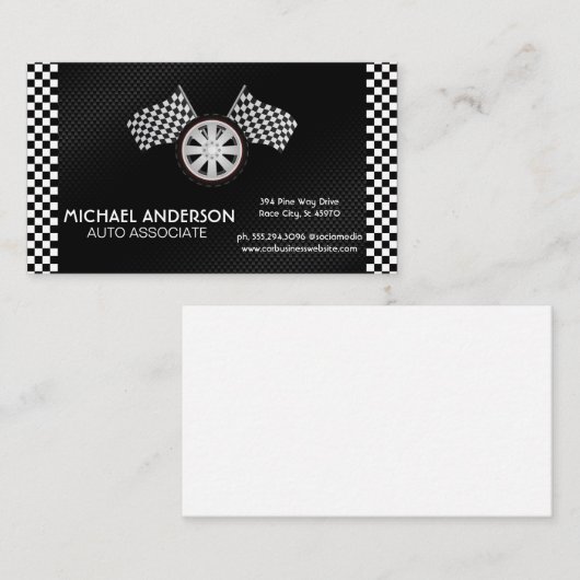 レーシング市松模様にフラグとタイヤ | 自動 名刺 (正面/裏面)