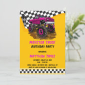レーシング市松模様にフラグのモンスタートラック誕生日パーティー 招待状 (スタンド正面)
