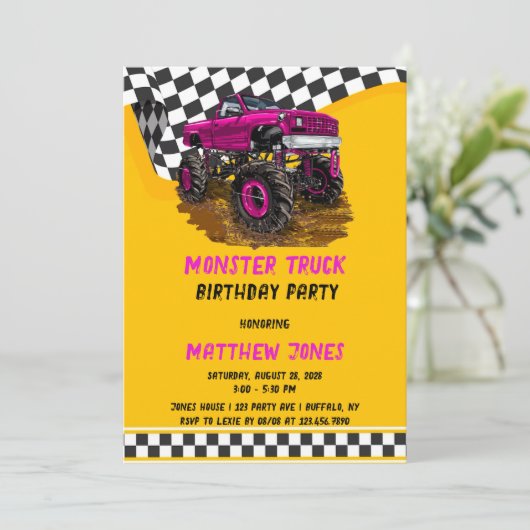 レーシング市松模様にフラグのモンスタートラック誕生日パーティー 招待状 (スタンド正面)