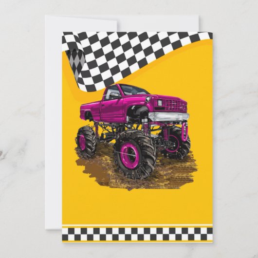 レーシング市松模様にフラグのモンスタートラック誕生日パーティー 招待状 (裏面)