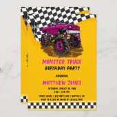 レーシング市松模様にフラグのモンスタートラック誕生日パーティー 招待状 (正面/裏面)