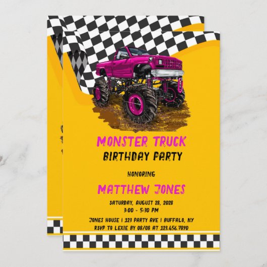 レーシング市松模様にフラグのモンスタートラック誕生日パーティー 招待状 (正面/裏面)