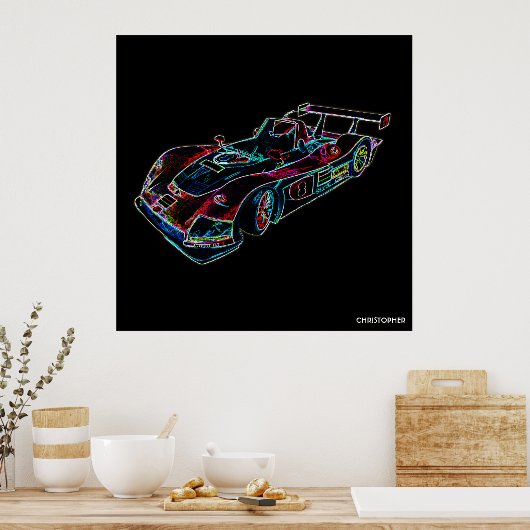レーシング白熱［赤熱］光を放つきらめくラグジュアリーネオンカラーズカー ポスター (キッチン)