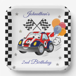 レーシング誕生日パーティー | レースカーと市松模様の旗 ペーパープレート