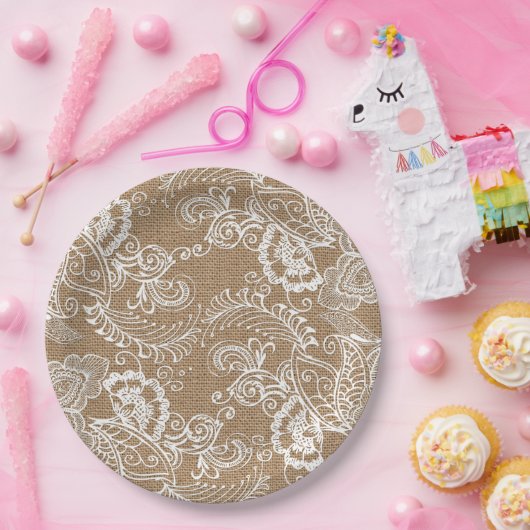 レースおよびバーラップのぼろぼろのシックな紙皿 ペーパープレート (パーティー)