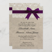 レースおよびバーラップの素朴な結婚式の招待のプラム 招待状 (正面/裏面)