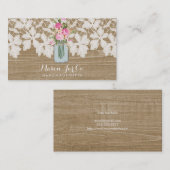 レースおよび花のメーソンジャーが付いている素朴でフェイクな木 名刺 (正面/裏面)