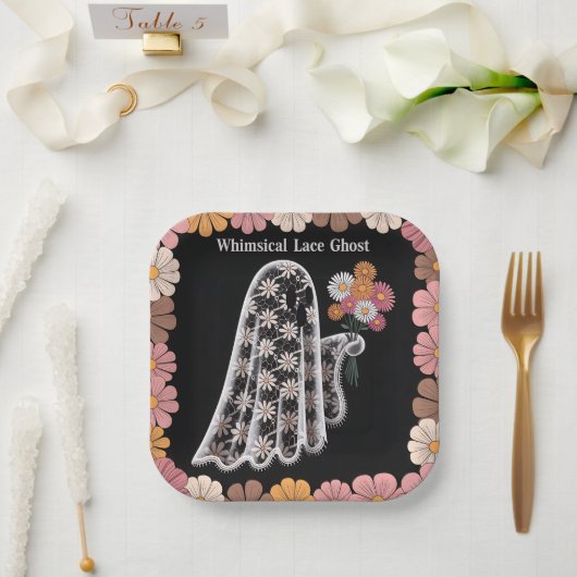 レースお洒落幽霊イラストレーションとフローラ ペーパープレート (ウェディング)