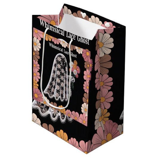 レースお洒落幽霊イラストレーションとフローラ ミディアムペーパーバッグ (正面アングル)