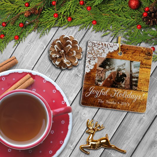 レースかわいらしとキャビン素朴ウッドルックフォトクリスマス セラミックオーナメント