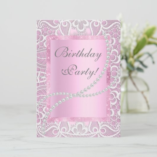 レースかわいらしと真珠の生誕エレガント生日カスタム 招待状 (スタンド正面)
