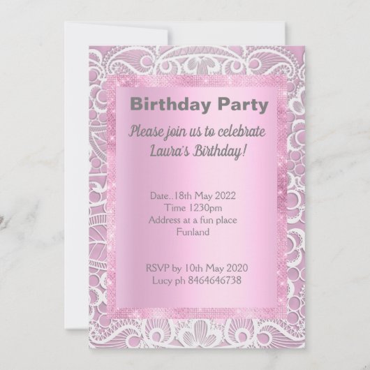 レースかわいらしと真珠の生誕エレガント生日カスタム 招待状 (裏面)