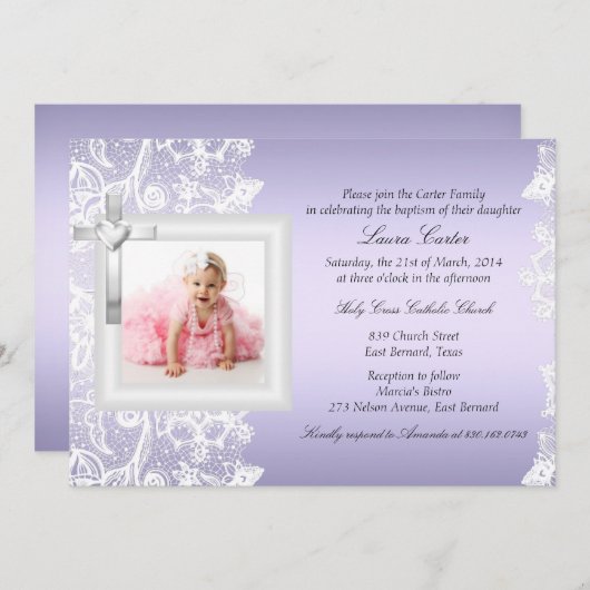 レースかわいらしクロスパープルバプテスマ/《キリスト教》洗礼式や命名式 招待状 (正面/裏面)
